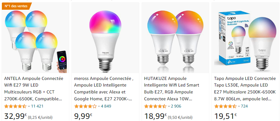 exemples d'ampoules connectées sur Amazon