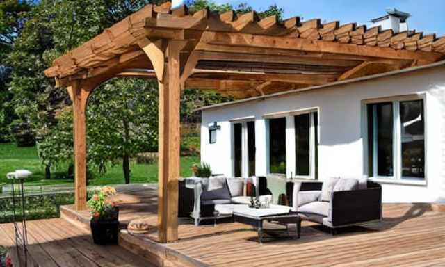 Belle Terrasse en bois avec pergola d'une grande maison en brique